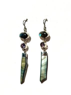 Labradorite Lab Alexandrite Abalone Sterling 925 Silver Handmade Earrings 3 inch